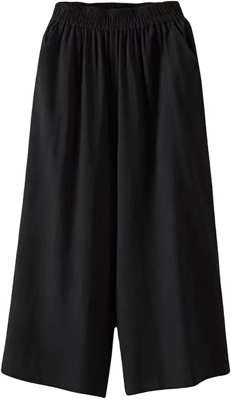 GOFULY Womens Cotton Linen Pants Wide Leg Casual Drawstring Elastic Waist Palazzo Pants Plus Size Trousers Pants with Pockets