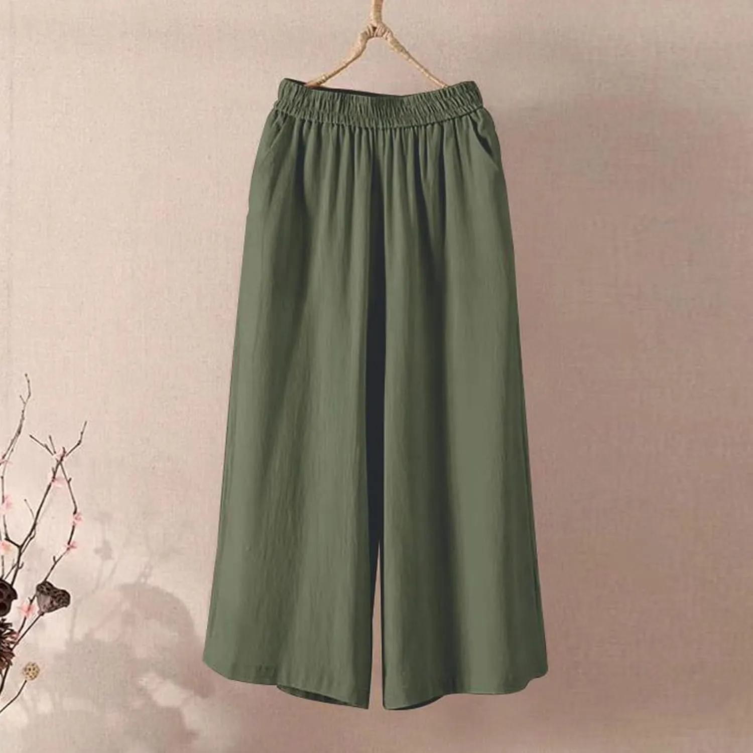 GOFULY Womens Cotton Linen Pants Wide Leg Casual Drawstring Elastic Waist Palazzo Pants Plus Size Trousers Pants with Pockets