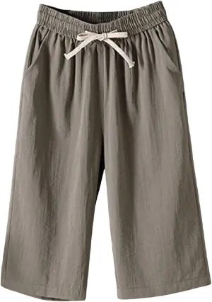GOFULY Womens Cotton Linen Pants Wide Leg Casual Drawstring Elastic Waist Palazzo Pants Plus Size Trousers Pants with Pockets