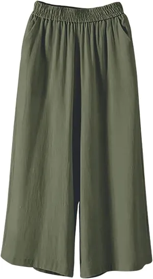 GOFULY Womens Cotton Linen Pants Wide Leg Casual Drawstring Elastic Waist Palazzo Pants Plus Size Trousers Pants with Pockets