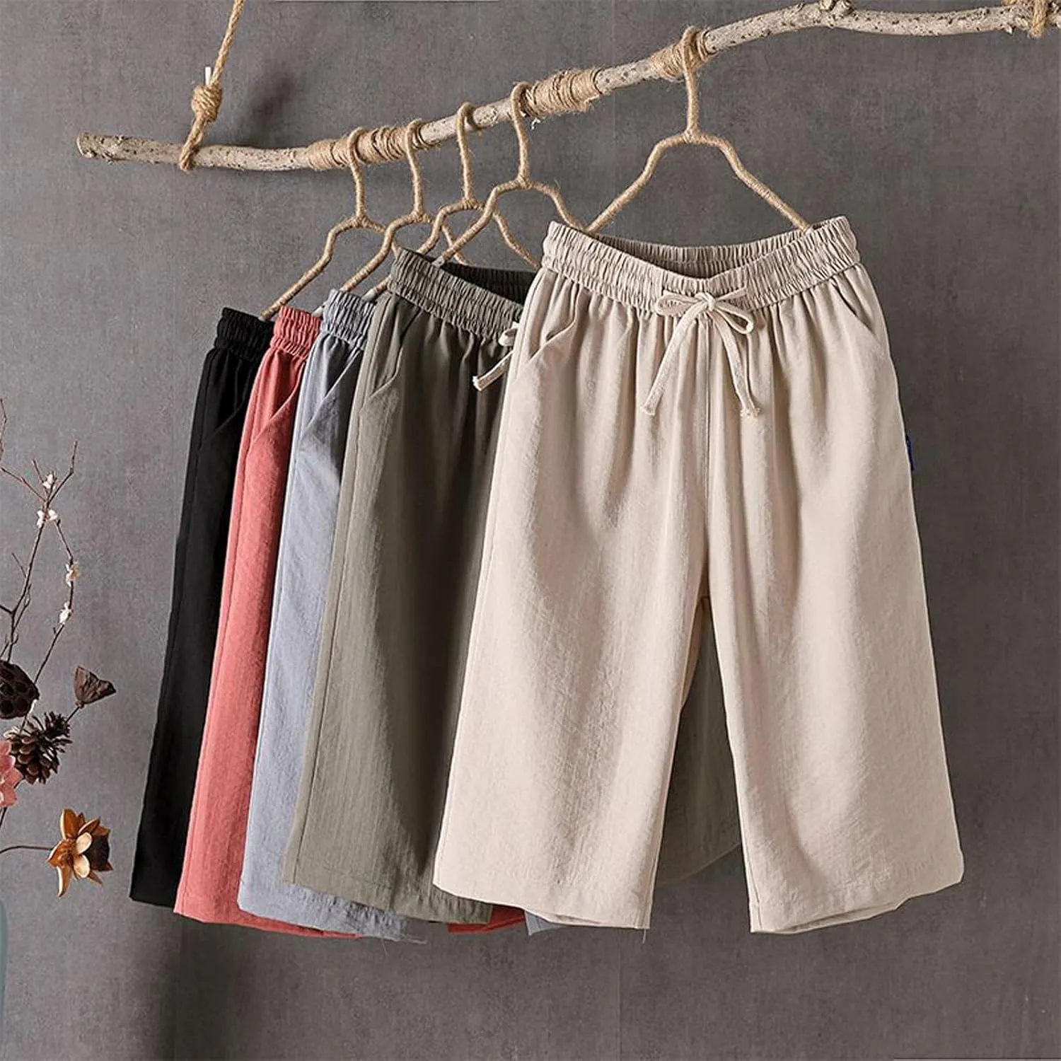 GOFULY Womens Cotton Linen Pants Wide Leg Casual Drawstring Elastic Waist Palazzo Pants Plus Size Trousers Pants with Pockets