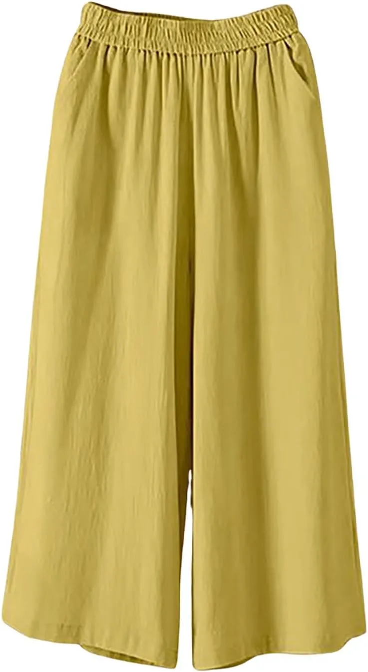 GOFULY Womens Cotton Linen Pants Wide Leg Casual Drawstring Elastic Waist Palazzo Pants Plus Size Trousers Pants with Pockets