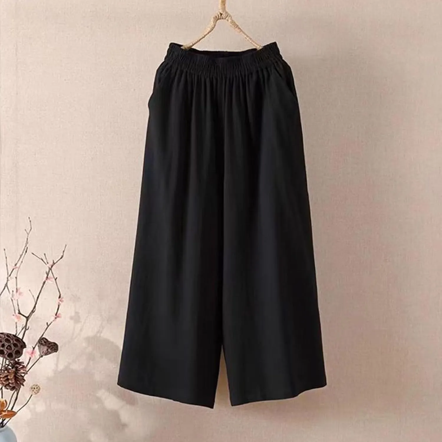 GOFULY Womens Cotton Linen Pants Wide Leg Casual Drawstring Elastic Waist Palazzo Pants Plus Size Trousers Pants with Pockets