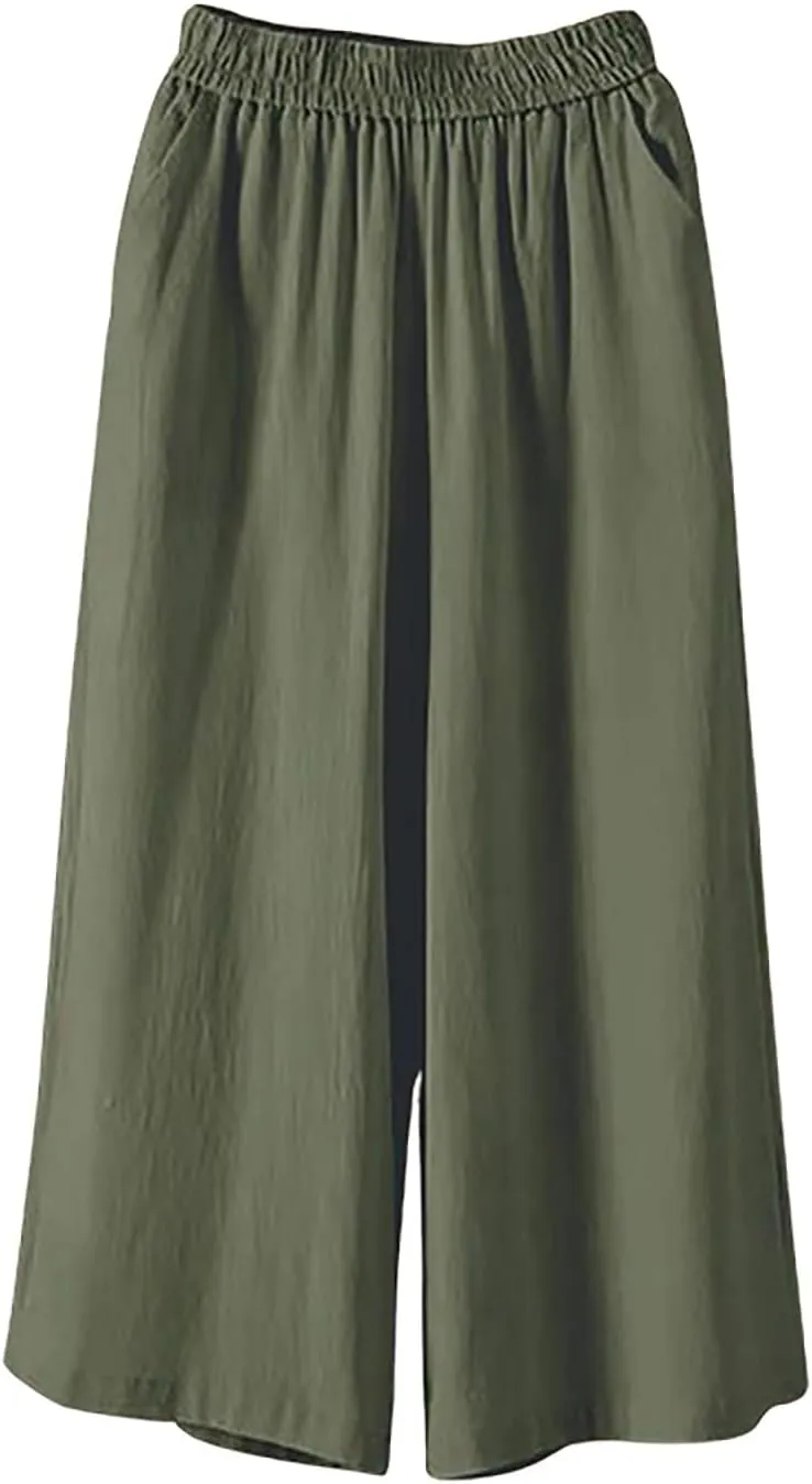 GOFULY Womens Cotton Linen Pants Wide Leg Casual Drawstring Elastic Waist Palazzo Pants Plus Size Trousers Pants with Pockets
