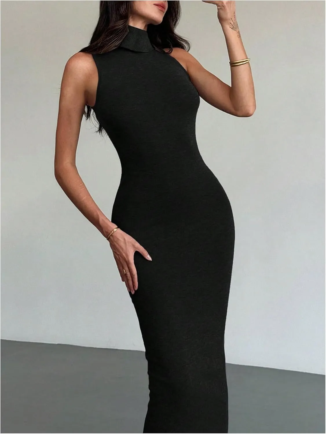 GORGLITTER Women's High Neck Sweater Dress Sleeveless Elegant Bodycon Maxi Dresses