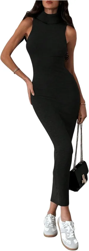 GORGLITTER Women's High Neck Sweater Dress Sleeveless Elegant Bodycon Maxi Dresses