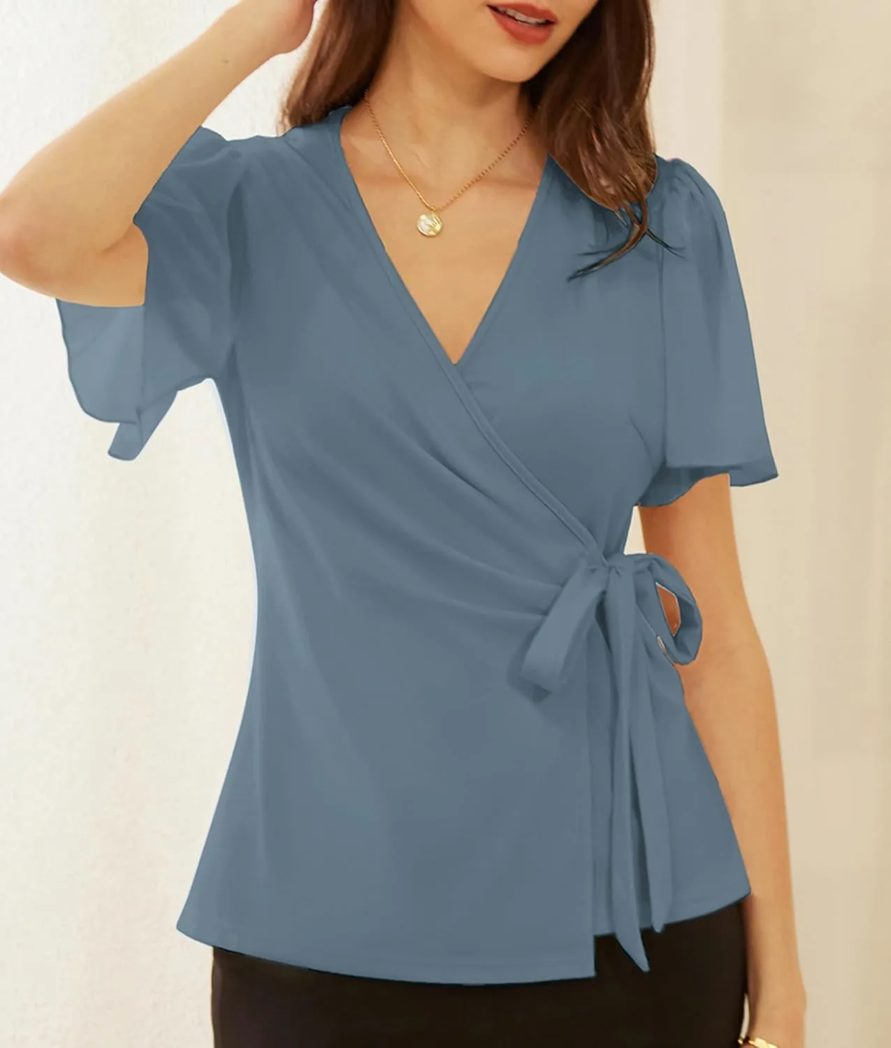 GRACE KARIN 2025 Womens Summer Tops Dressy Business Casual Chiffon Short Sleeve V-Neck Wrap Work Fitted Blouses