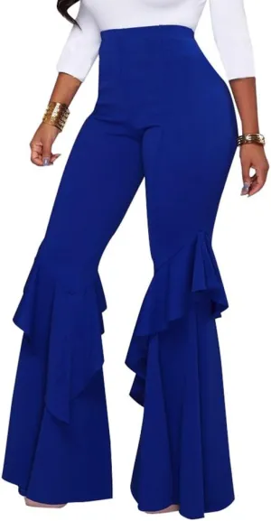 GUOLEZEEV Womens High Waisted Ruffle Flare Fit Pants Solid Color Wide Leg Trousers