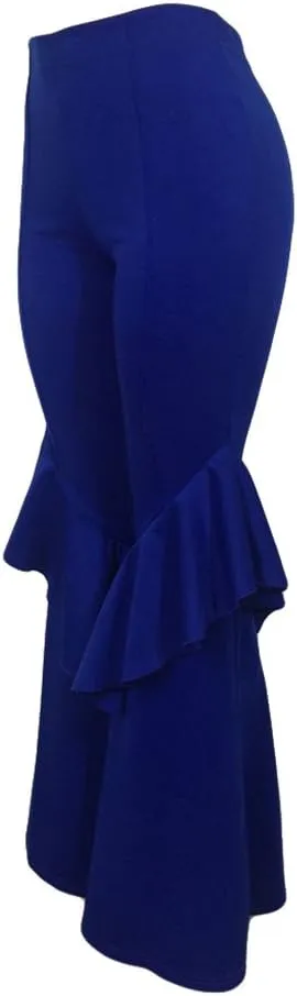 GUOLEZEEV Womens High Waisted Ruffle Flare Fit Pants Solid Color Wide Leg Trousers