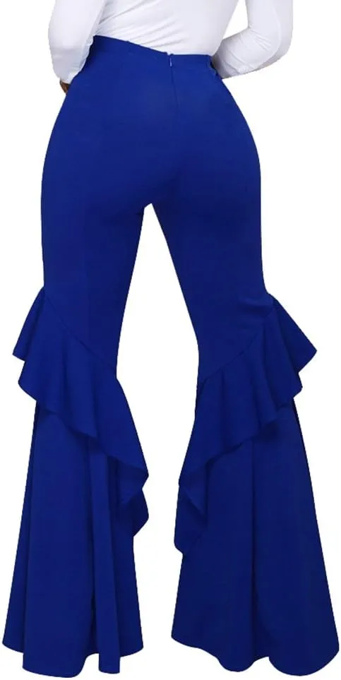 GUOLEZEEV Womens High Waisted Ruffle Flare Fit Pants Solid Color Wide Leg Trousers