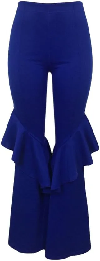 GUOLEZEEV Womens High Waisted Ruffle Flare Fit Pants Solid Color Wide Leg Trousers