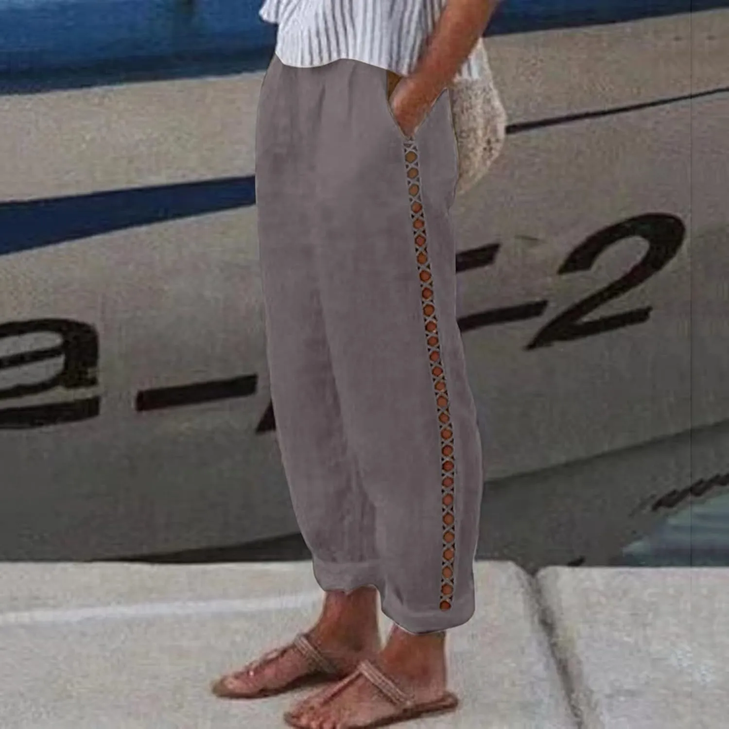 Harem Sexy Elastic Waist Pants for Women Cutout Casual Linen Pants Cotton Linen Loose Fitting Womens Pants for Summer