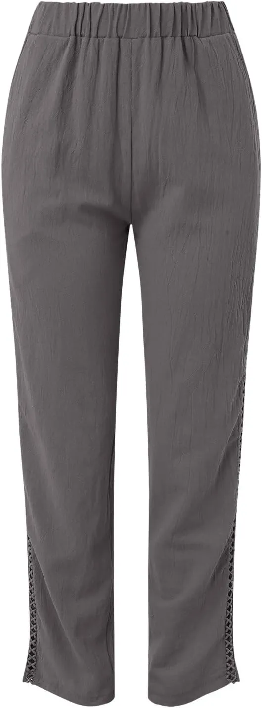 Harem Sexy Elastic Waist Pants for Women Cutout Casual Linen Pants Cotton Linen Loose Fitting Womens Pants for Summer