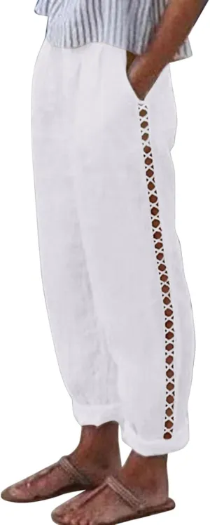 Harem Sexy Elastic Waist Pants for Women Cutout Casual Linen Pants Cotton Linen Loose Fitting Womens Pants for Summer