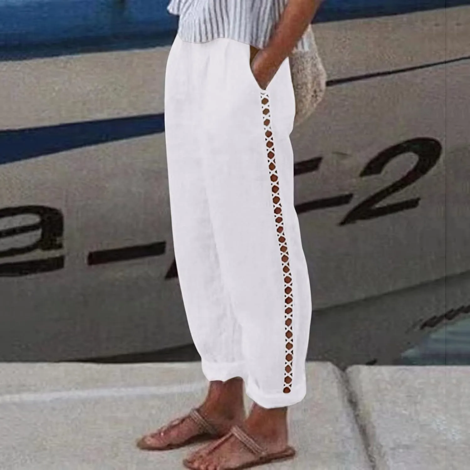 Harem Sexy Elastic Waist Pants for Women Cutout Casual Linen Pants Cotton Linen Loose Fitting Womens Pants for Summer