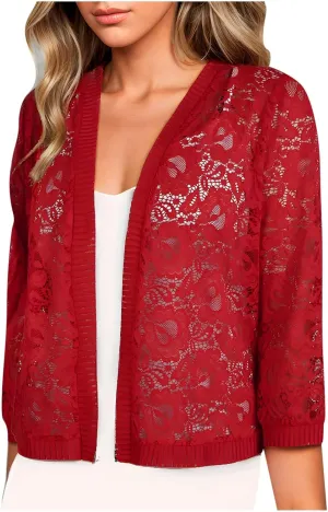 HGps8w Women's Floral Lace 3/4 Sleeve Cardigans Lightweight Open Front Soft Cropped Blouses Casual Summer Coverups