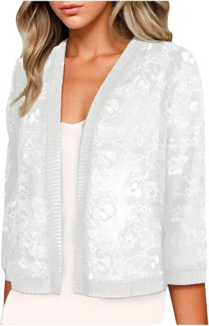 HGps8w Women's Floral Lace 3/4 Sleeve Cardigans Lightweight Open Front Soft Cropped Blouses Casual Summer Coverups