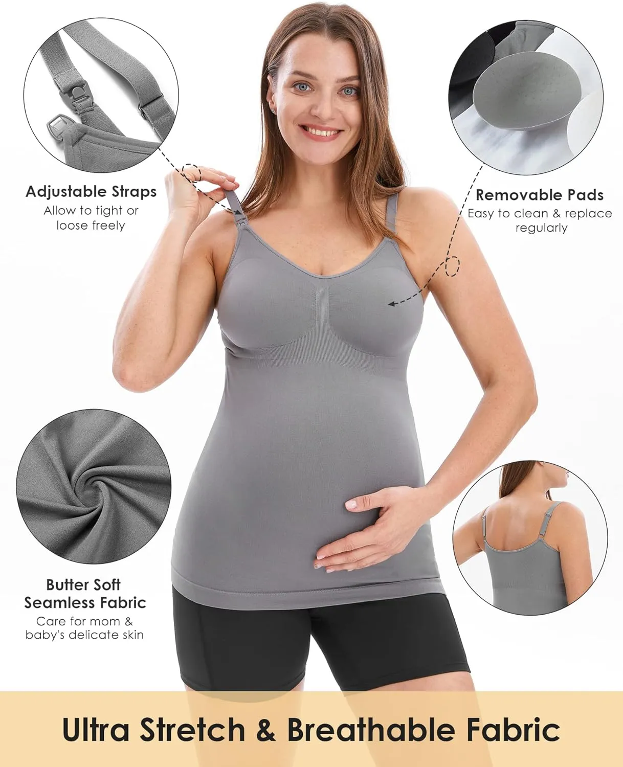 HOFISH Support Nursing Tank Tops for Breastfeeding, Comfort Stretch Maternity Camisoles with Built in Bra
