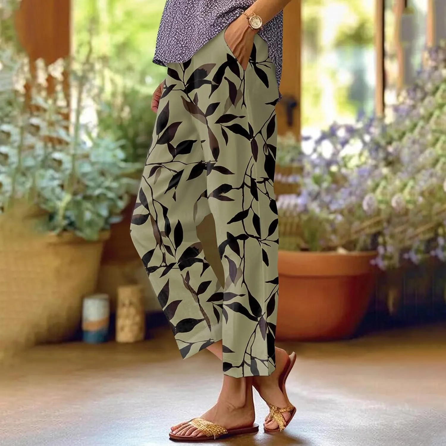 Linen Tall Pants for Women Summer Loose Fit Elastic Waist Wide Leg Pants Soft High Waist Straight Floral Print Outfits