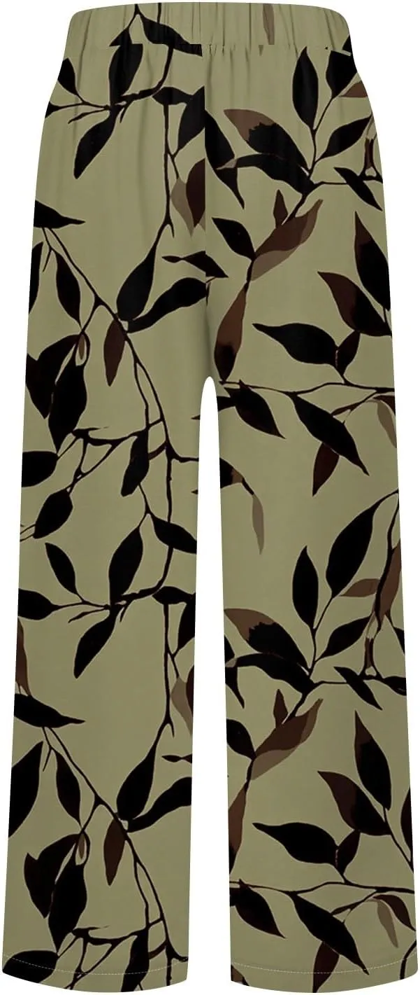 Linen Tall Pants for Women Summer Loose Fit Elastic Waist Wide Leg Pants Soft High Waist Straight Floral Print Outfits