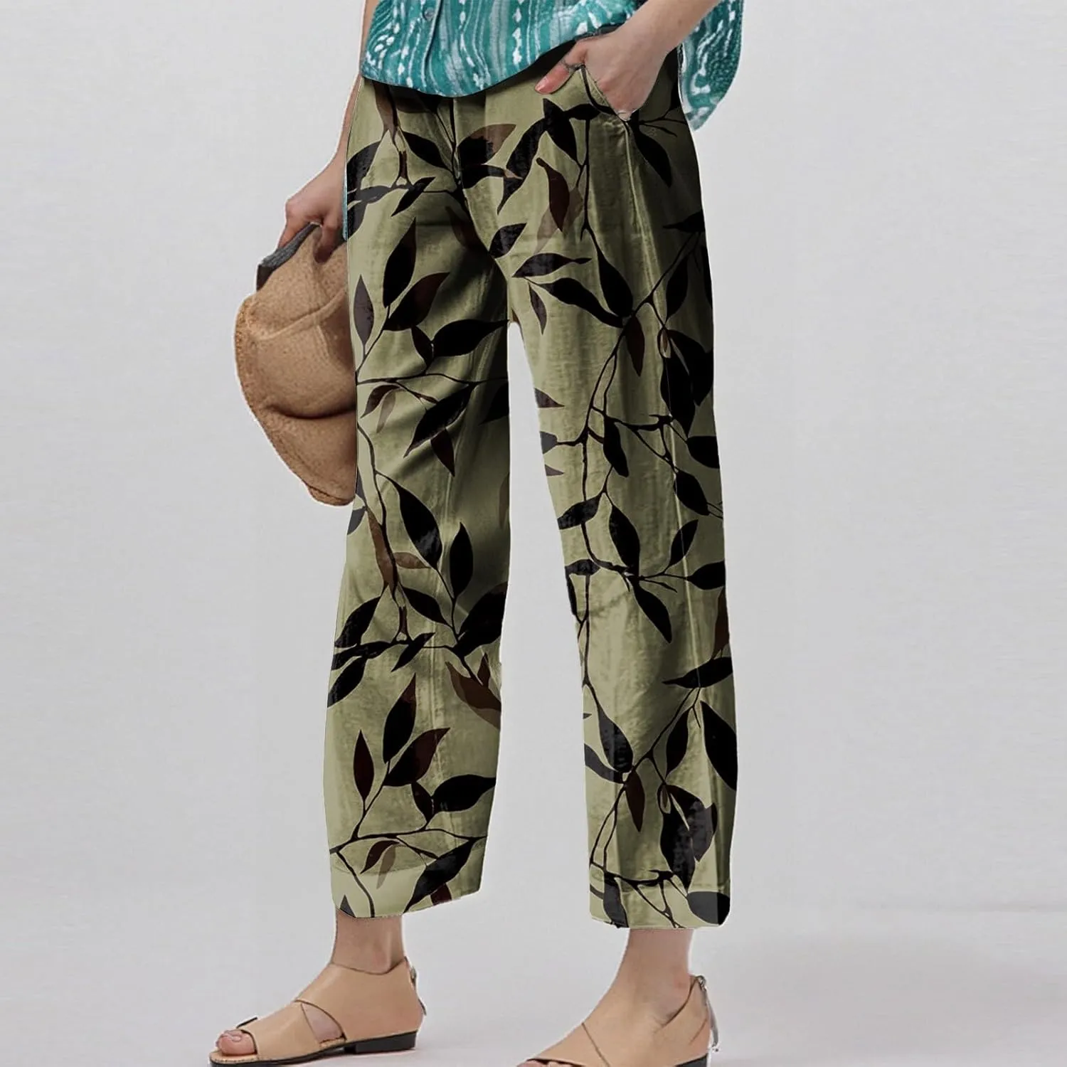 Linen Tall Pants for Women Summer Loose Fit Elastic Waist Wide Leg Pants Soft High Waist Straight Floral Print Outfits