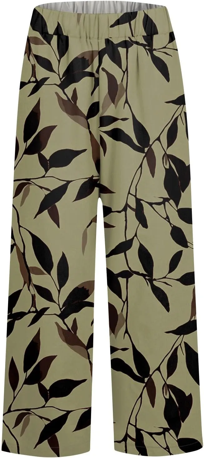 Linen Tall Pants for Women Summer Loose Fit Elastic Waist Wide Leg Pants Soft High Waist Straight Floral Print Outfits