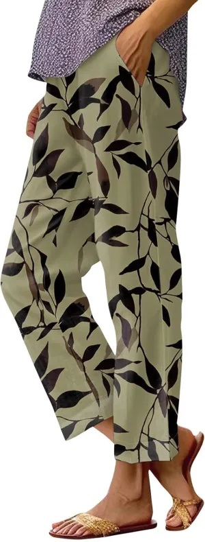 Linen Tall Pants for Women Summer Loose Fit Elastic Waist Wide Leg Pants Soft High Waist Straight Floral Print Outfits