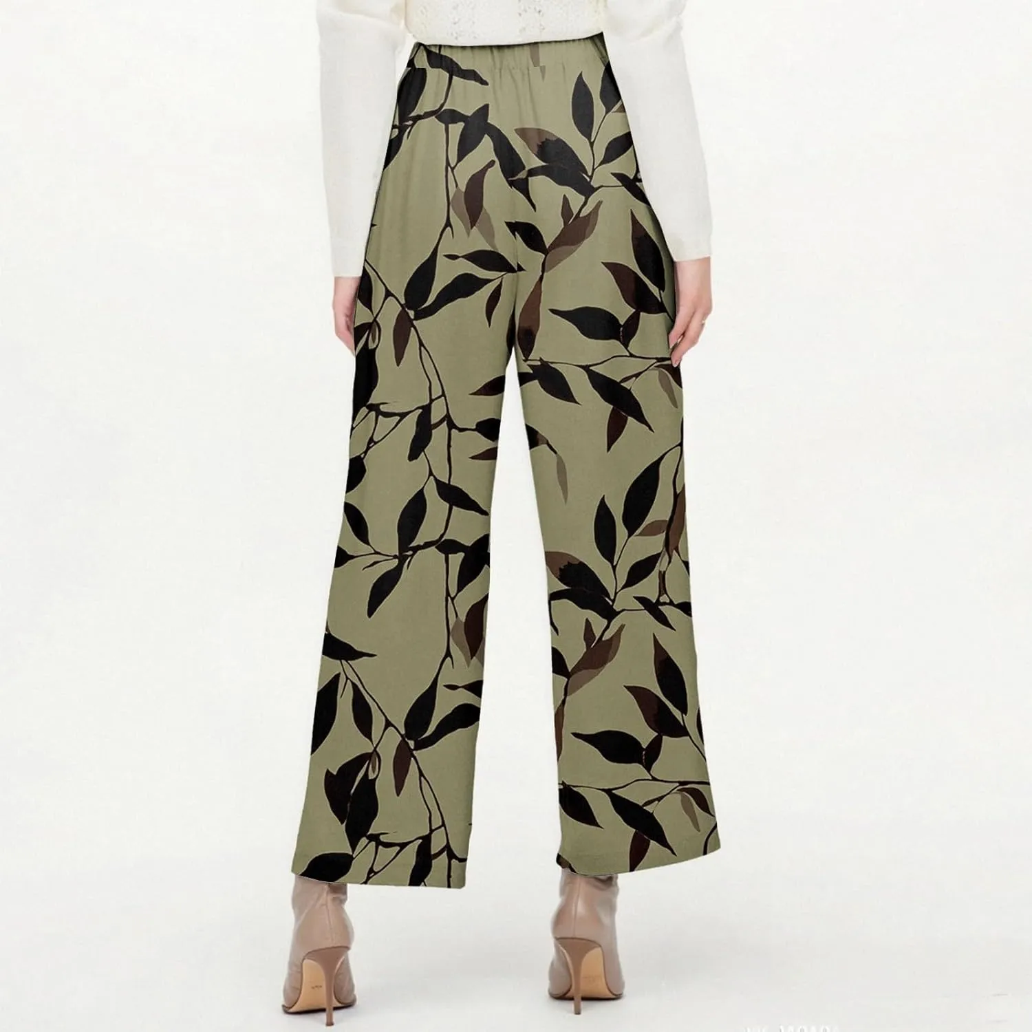 Linen Tall Pants for Women Summer Loose Fit Elastic Waist Wide Leg Pants Soft High Waist Straight Floral Print Outfits
