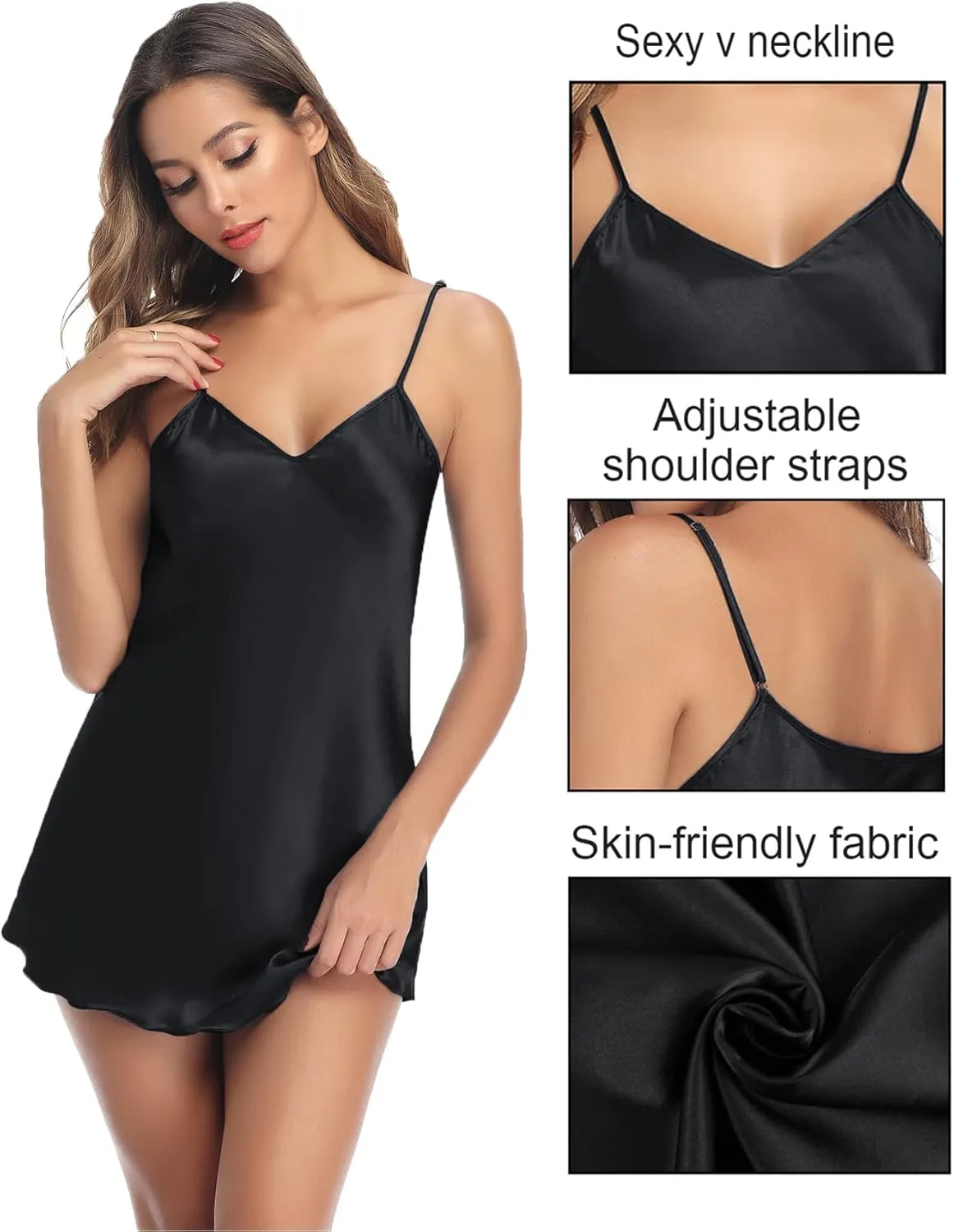 Litherday Women's Satin Nightgown Silk Slip Dress Sleepwear Sexy V Neck Negligee Lingerie Short Nightwear
