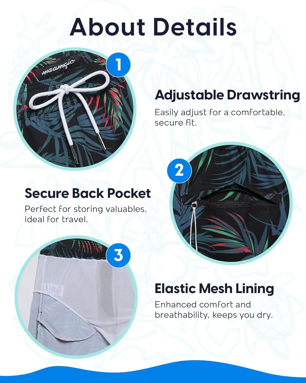 maamgic Mens Swim Trunks 9 Inch with Mesh Lining Bathing Suit Stretch Board Shorts with Zip Pockets for Swimming Shark