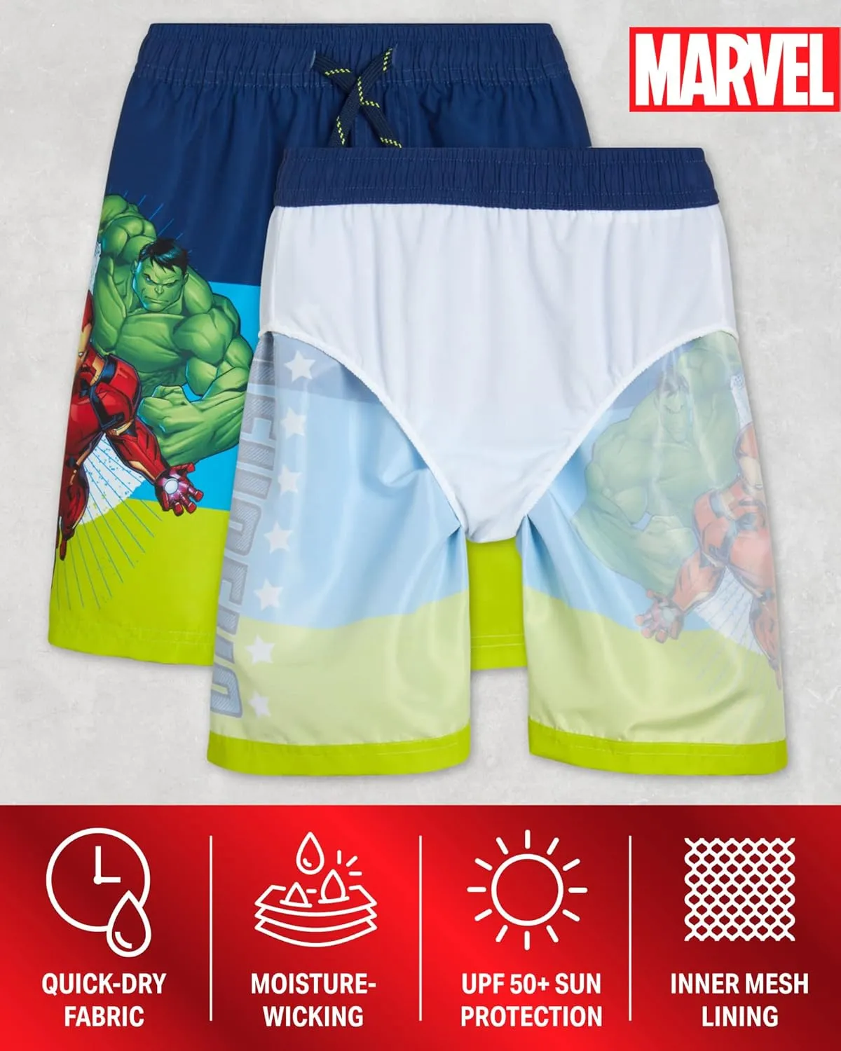 Marvel Boys Swim Trunks - Avengers Spiderman Captain America Hulk Iron Man Black Panther UPF 50  Quick Dry Boys Swim Shorts