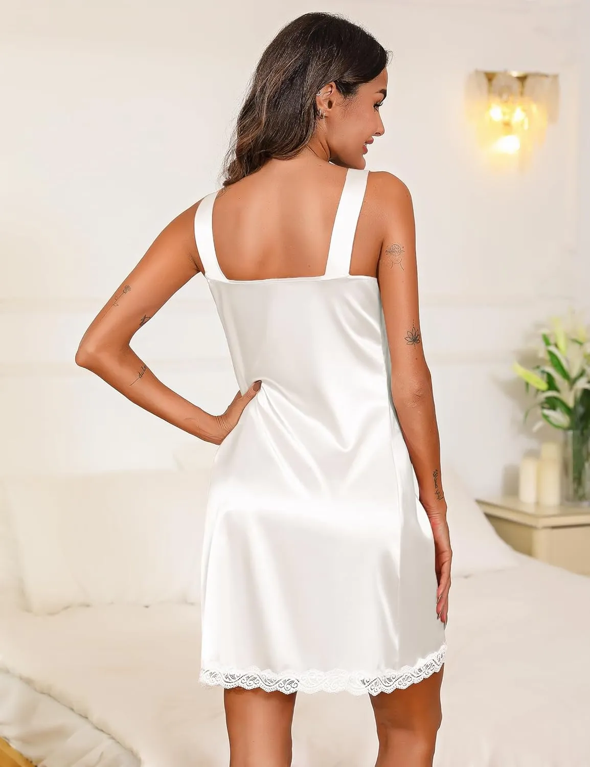 Marvmys Women's Satin Chemise Nightgown Lace Trim Silk Slip Lingerie Dress V Neck Sleeveless Nightdress