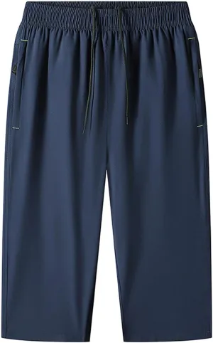 Men Big and Tall Capri Pants 3/4 Below Knee Long Shorts Elastic Waist Jogging Gym Beach Cropped Pants with Pockets