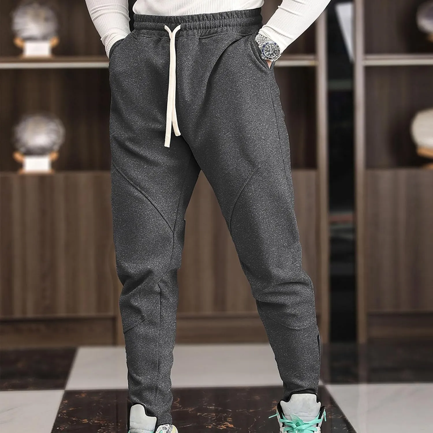 Mens Athletic Workout Sweatpants Ankle Zip Gym Joggers Elastic Waist Fleece Lined Tapered Jogging Pants with Pockets