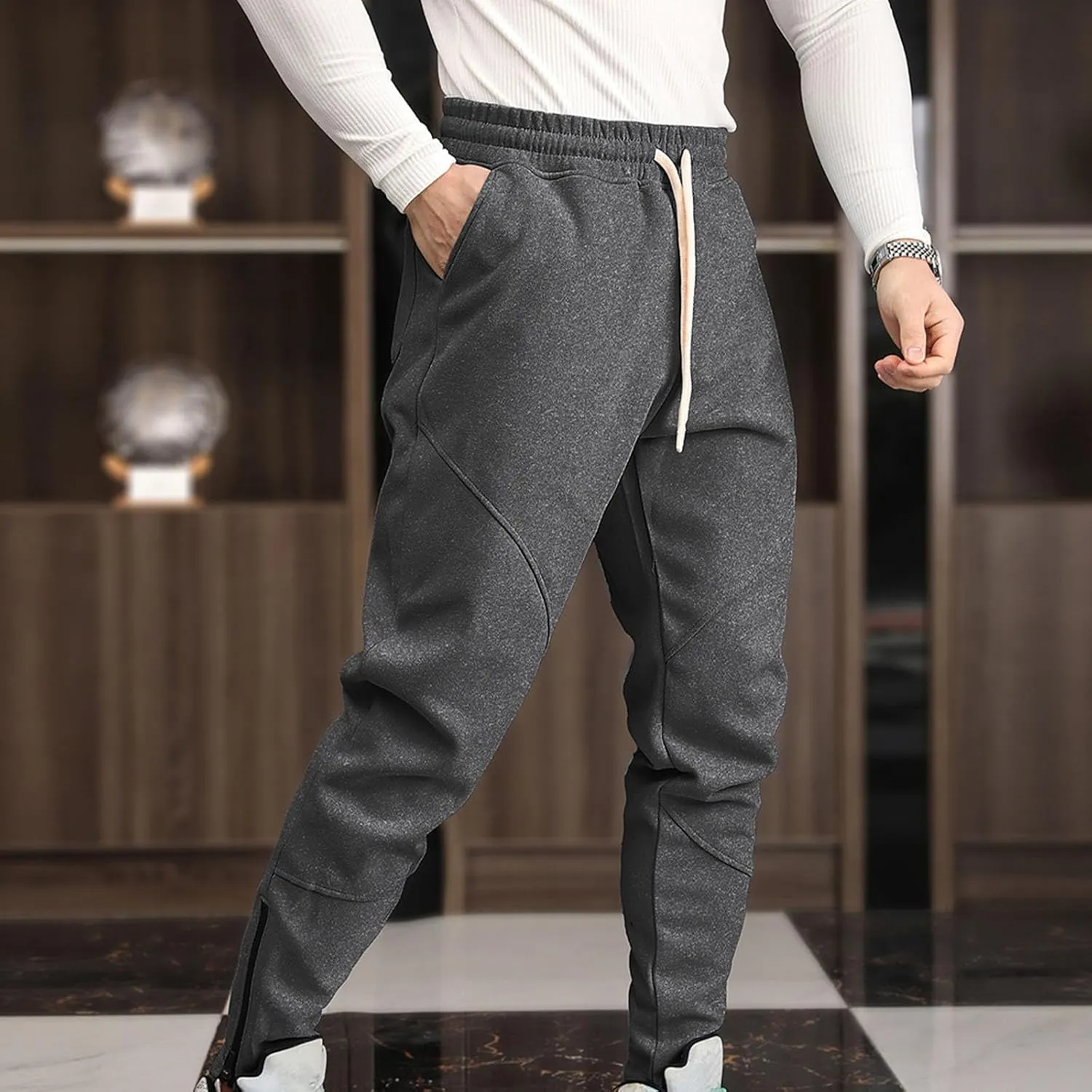 Mens Athletic Workout Sweatpants Ankle Zip Gym Joggers Elastic Waist Fleece Lined Tapered Jogging Pants with Pockets