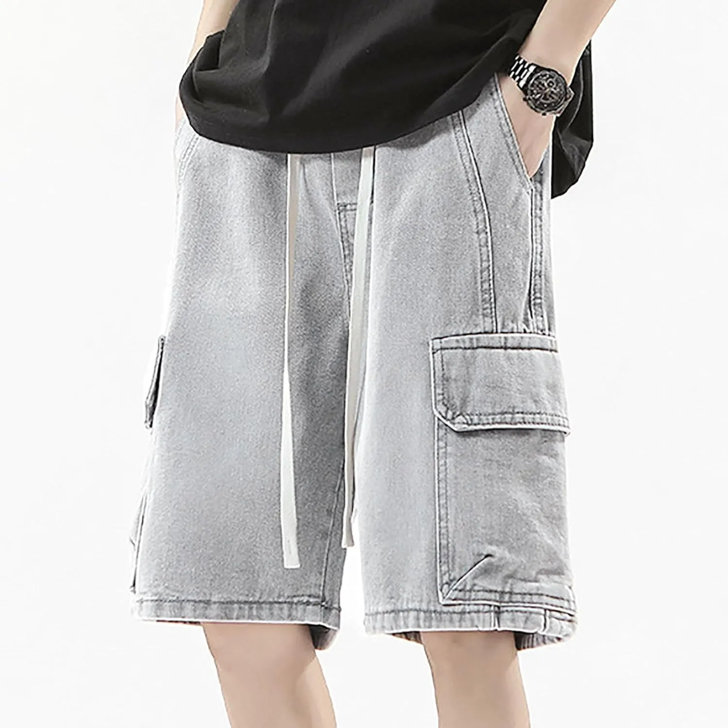 Men's Baggy Jean Shorts Loose Fit Mid Denim Shorts Summer Casual Y2K Hip Hop Streetwear Clothes