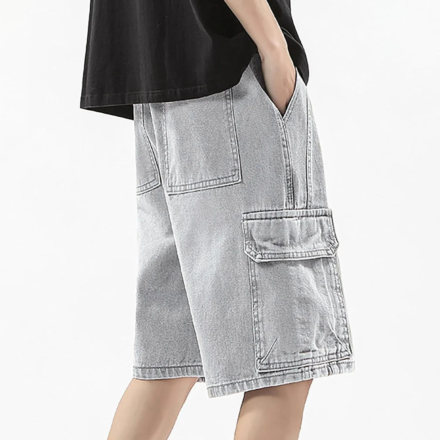 Men's Baggy Jean Shorts Loose Fit Mid Denim Shorts Summer Casual Y2K Hip Hop Streetwear Clothes