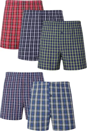 Men's Boxer Shorts 100% Cotton Classic Plaid Woven Boxers for Men Soft Breathable Mens Underwear with Button Fly
