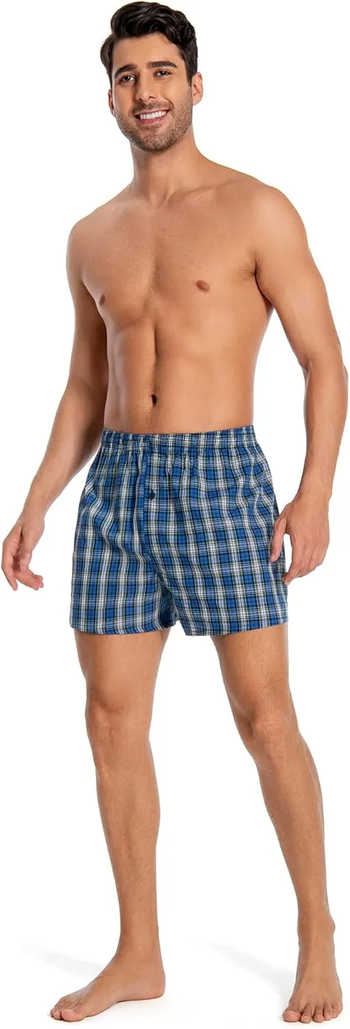 Men's Boxer Shorts 100% Cotton Classic Plaid Woven Boxers for Men Soft Breathable Mens Underwear with Button Fly