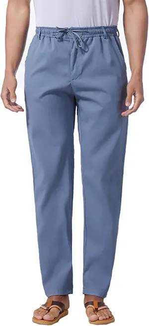 Mens Flat Front Linen Cotton Pants Casual Loose Beach Yoga Lounge Pants Elastic Waist Straight Leg Chino Trousers