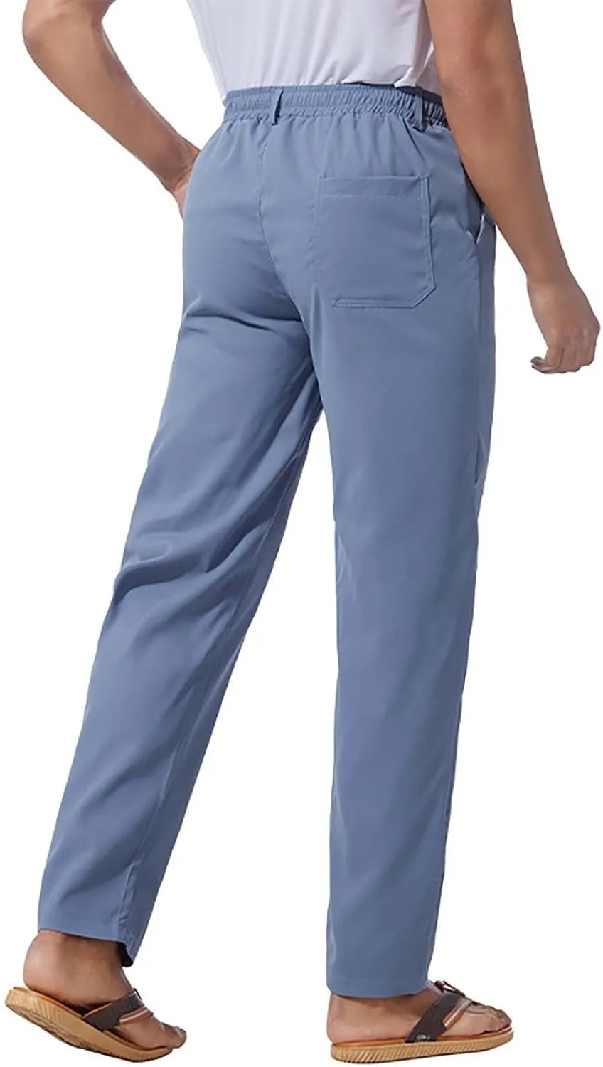 Mens Flat Front Linen Cotton Pants Casual Loose Beach Yoga Lounge Pants Elastic Waist Straight Leg Chino Trousers