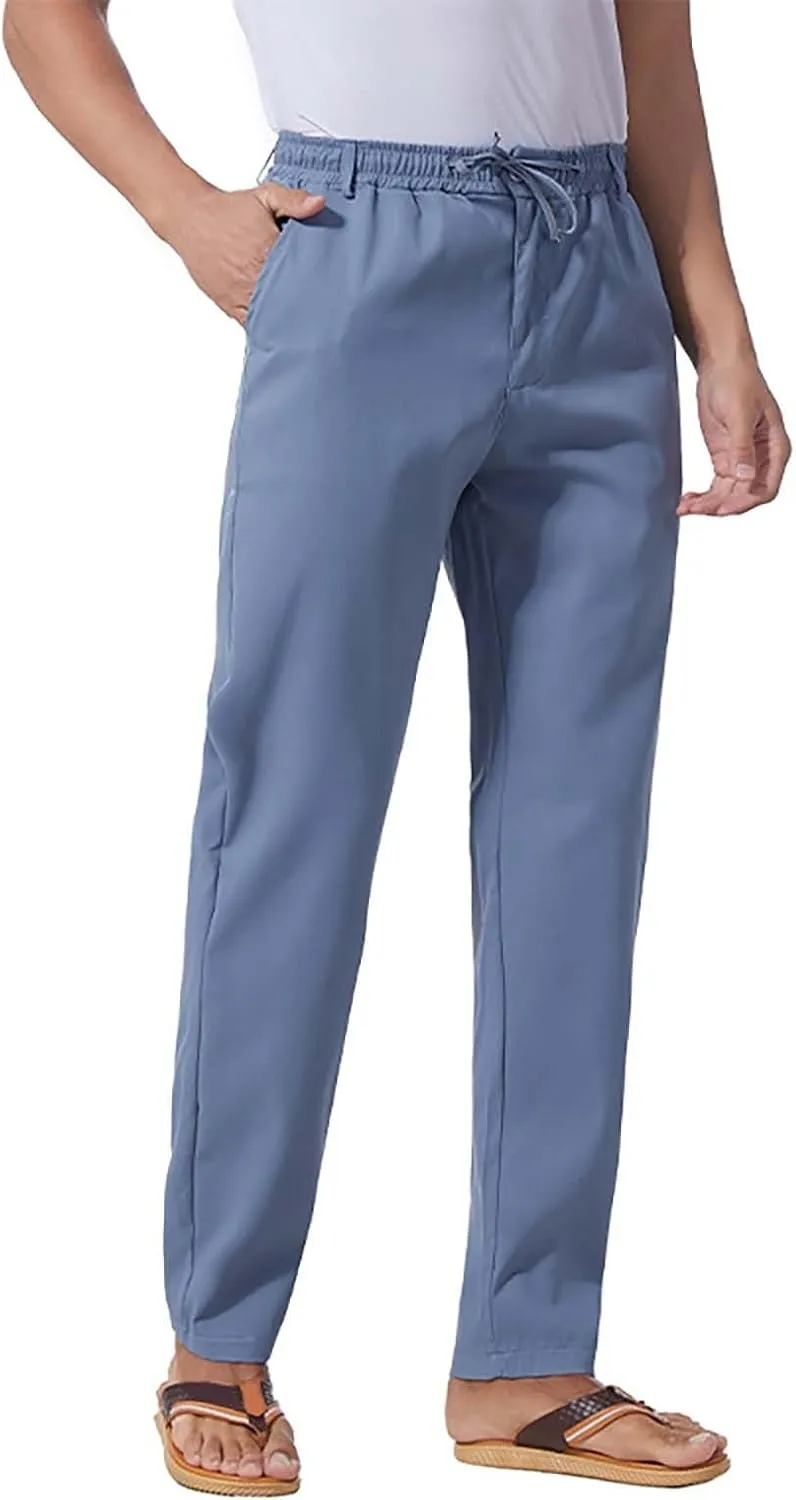 Mens Flat Front Linen Cotton Pants Casual Loose Beach Yoga Lounge Pants Elastic Waist Straight Leg Chino Trousers