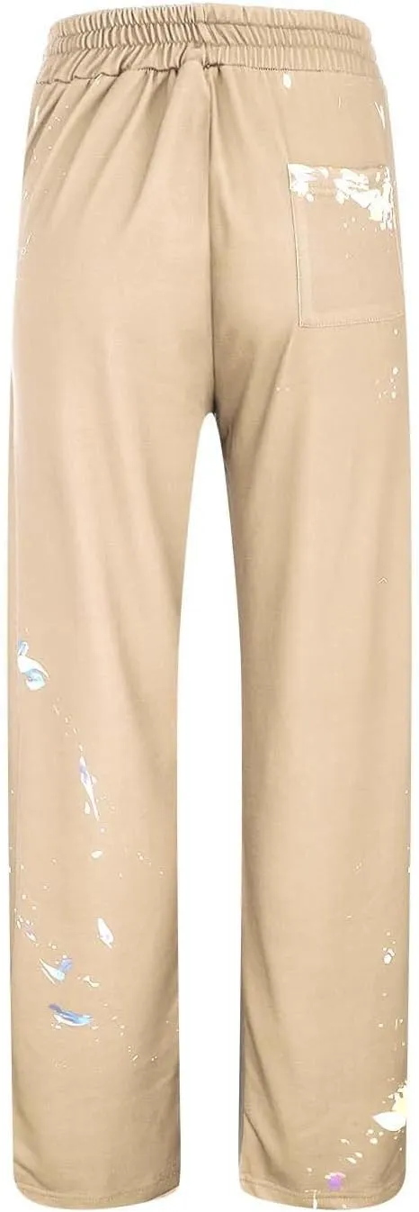 Mens Hip Hop Stacked Sweatpants Drawstring All Over Print Flared Bell Bottom Pants Y2K Patchwork Athletic Track Pants