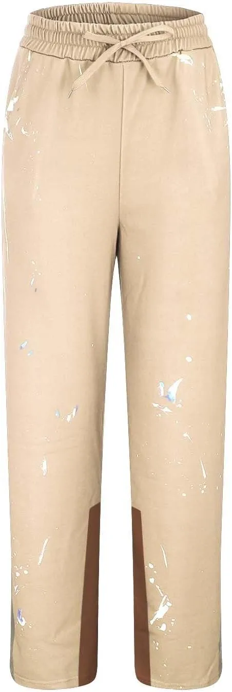 Mens Hip Hop Stacked Sweatpants Drawstring All Over Print Flared Bell Bottom Pants Y2K Patchwork Athletic Track Pants