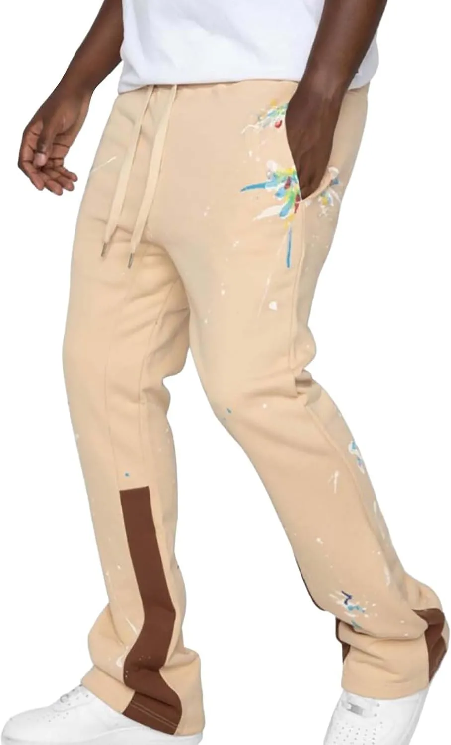 Mens Hip Hop Stacked Sweatpants Drawstring All Over Print Flared Bell Bottom Pants Y2K Patchwork Athletic Track Pants