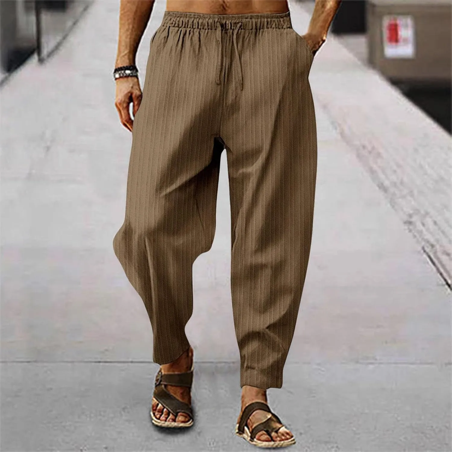 Mens Linen Cotton Yoga Casual Pants for Summer Drawstring Beach Trousers Loose Fit Baggy Lounge Jogger Sweatpants