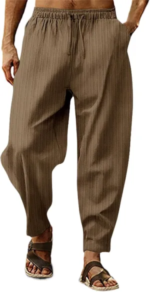 Mens Linen Cotton Yoga Casual Pants for Summer Drawstring Beach Trousers Loose Fit Baggy Lounge Jogger Sweatpants