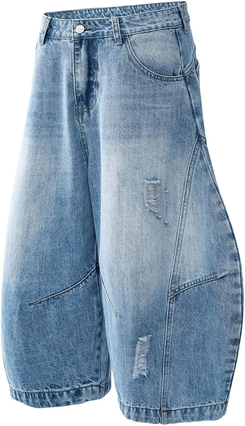 Men's Loose Fit Denim Shorts Baggy Casual Summer Wide Leg Long Jean Jorts Hip Hop Shorts Trendy Outfits