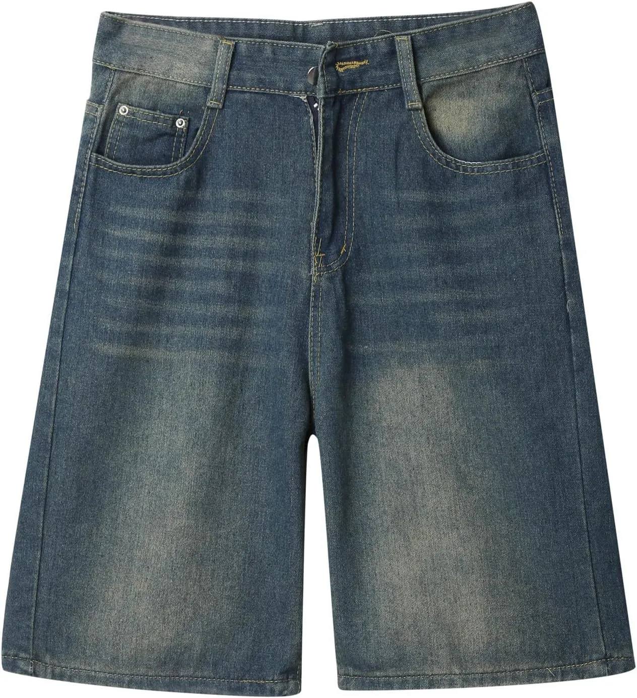 Mens Loose Hip Hop Mid Jean Shorts Baggy Denim Shorts with Pockets Summer Casual Streetwear Clothes