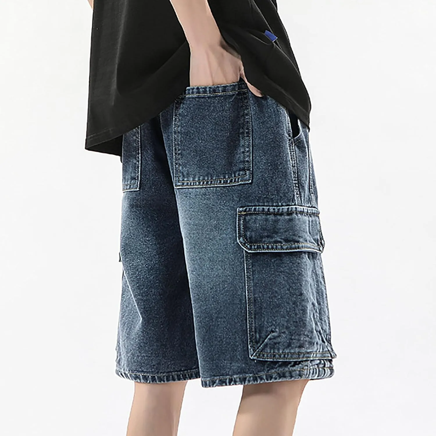 Men's Loose Y2K Hip Hop Mid Jean Shorts Work Denim Shorts with Pockets Casual Summer Streetwear Clothes